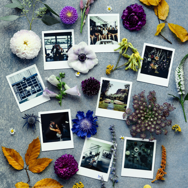 Polaroid photos surrounded by flowers.