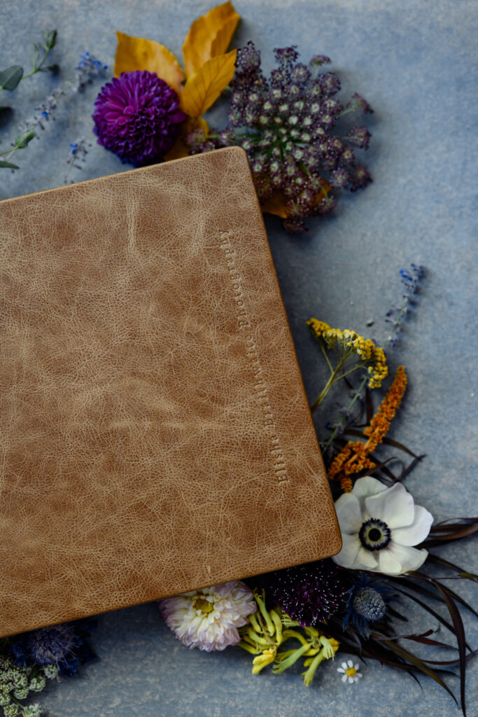 A close up of the embossing on a RedTree photo album.